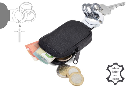 Brelok TROIKA Pocket Click, 3 kółka do kluczy, etui na monety na suwak, czarna skóra